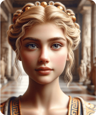 A young woman with blonde braided hair and a gold headpiece wears a classical-style dress, standing in an ornate hall with marble columns and statues.