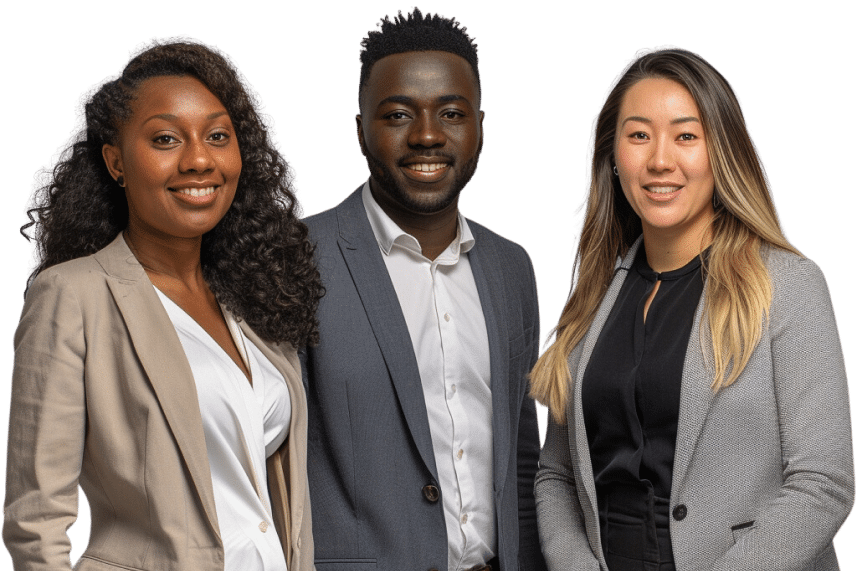 Three professionally dressed people stand side by side, smiling at the camera against a plain background.