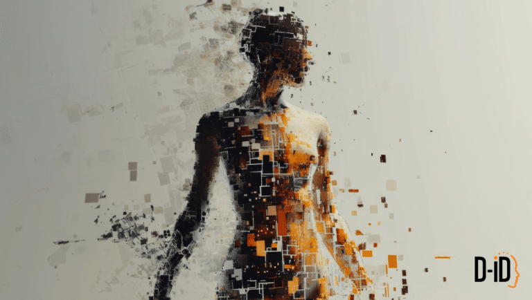 Digital artwork of a digital human avatar composed of fragmented squares and pixels, with warm orange and cool gray tones, and a D-ID logo in the bottom right corner.