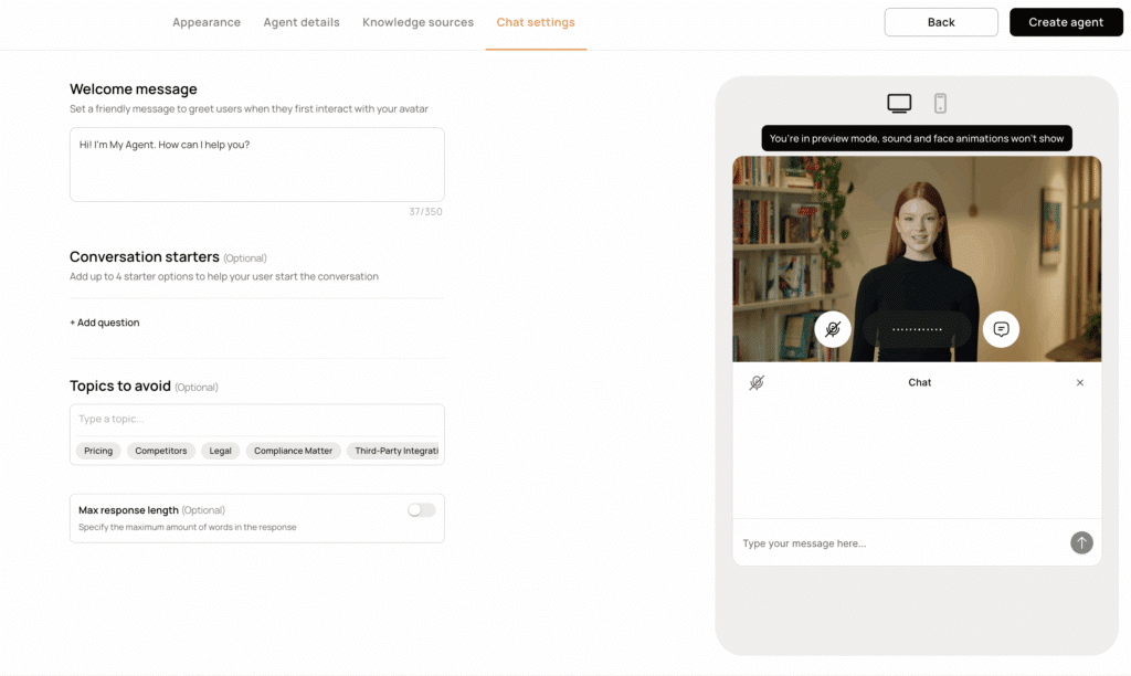 Screenshot of a chatbot creation interface showing chat settings, including a welcome message, conversation starters, and topics to avoid, with a virtual agent preview on the right.