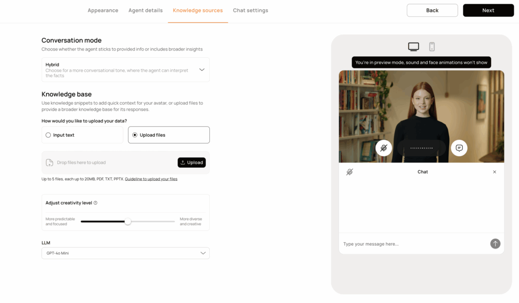 Screenshot of a chatbot settings page showing options for conversation mode, knowledge base uploads, LLM selection, and a preview window with a woman on screen.