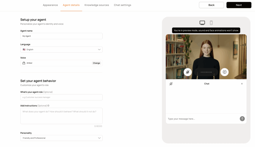 Screenshot of an AI agent setup page showing options to select name, language, voice, personality, and a preview of the virtual agent on the right side.