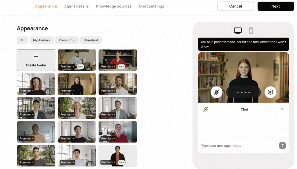 A user interface shows an avatar selection menu on the left with various avatars labeled “Premium” and a preview of a female avatar on the right in a chat setup.