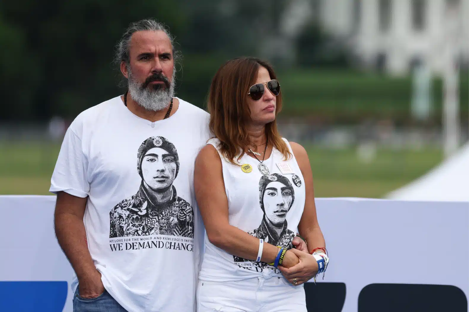 Joaquin Oliver's parents, Manuel and Patricia at a March for Our Lives rally in 2022.