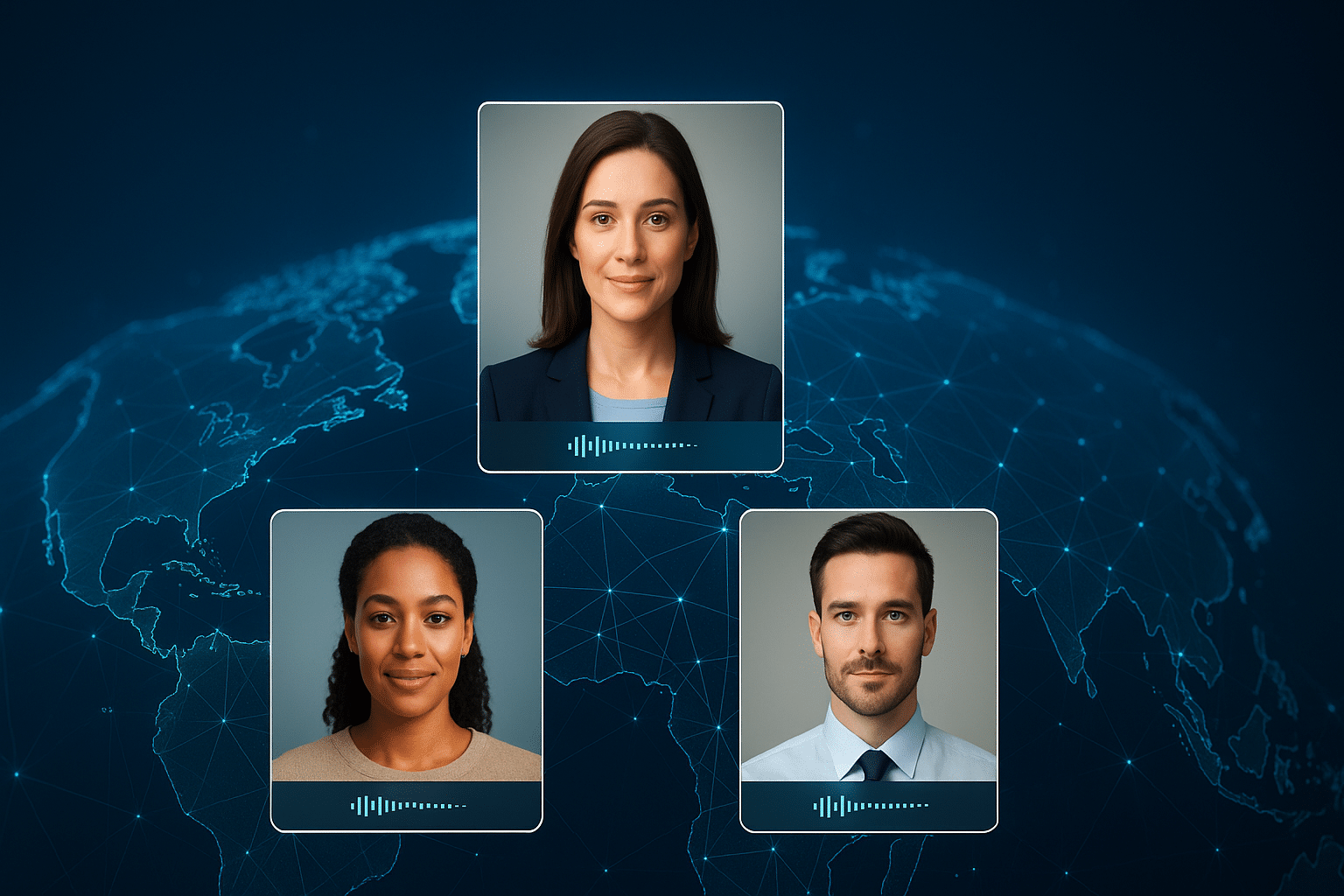 Three lifelike AI avatars in floating video windows connected across a digital world map, symbolizing enterprise communication through visual AI agents.