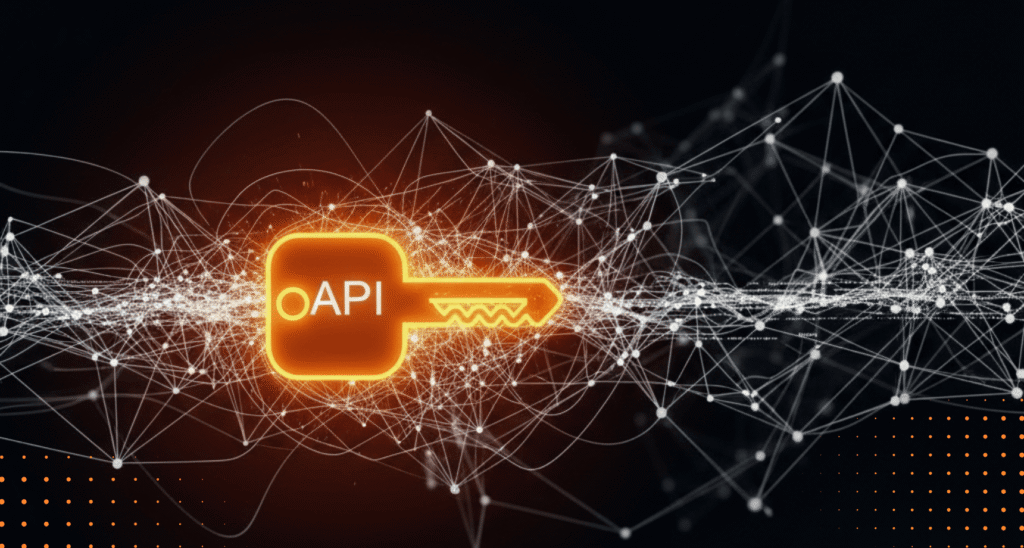 A glowing key labeled "API" is displayed against a dark background with interconnected white lines and dots, symbolizing digital networks and data connections.
