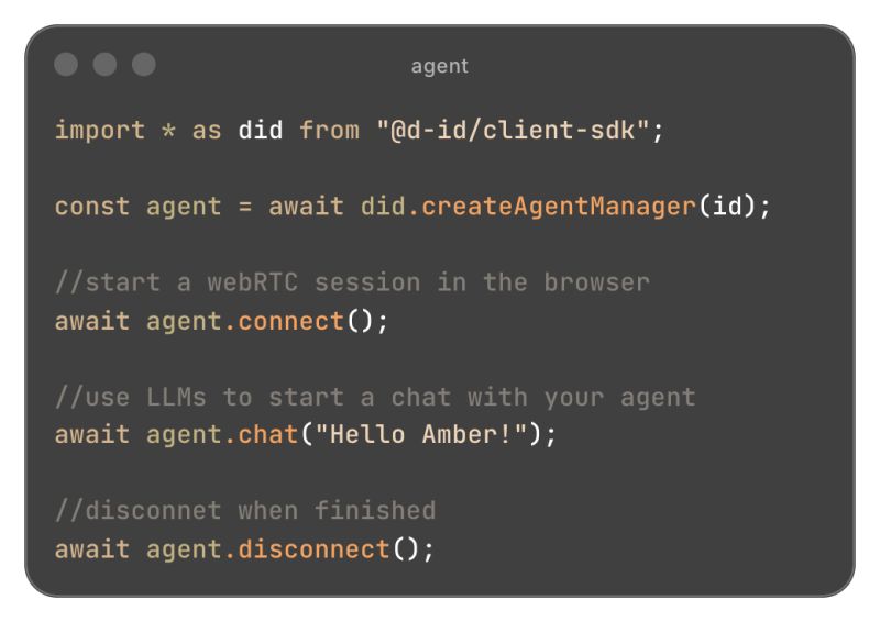 A code snippet shows how to import, connect, chat with, and disconnect an agent using a client SDK in JavaScript.