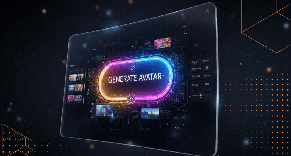 A digital interface with a glowing "Generate Avatar" button, surrounded by smaller video thumbnails and editing options, displayed on a futuristic screen.