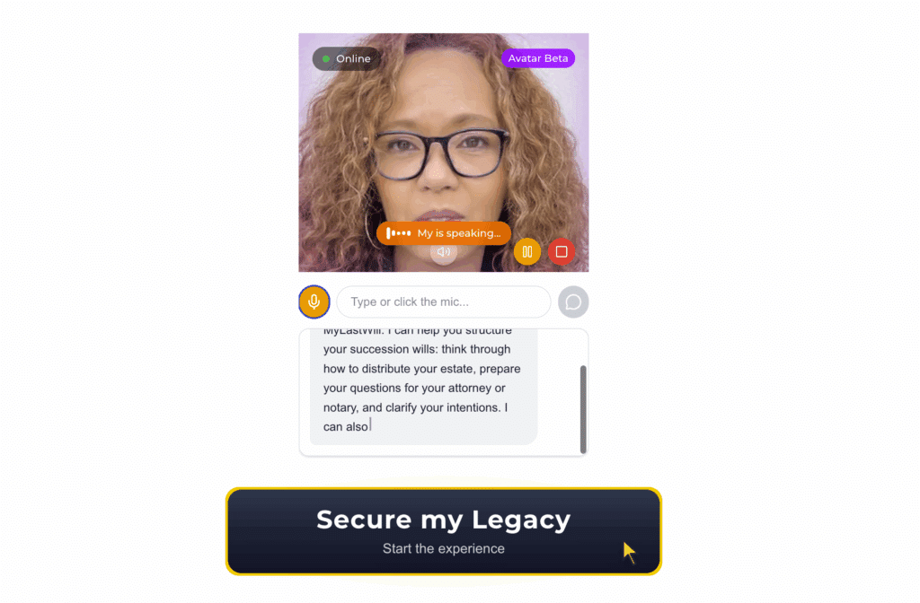 An interactive avatar engages with users on My Last Will's website