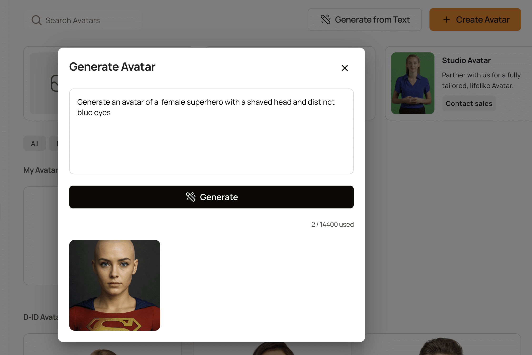 Screenshot of an avatar generator showing a prompt for a female superhero with a shaved head and blue eyes, and the generated avatar image below with those features.