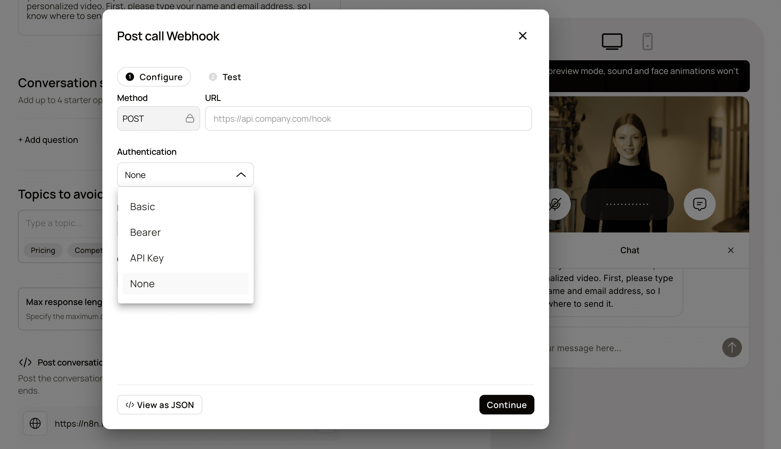 A modal window titled "Post call Webhook" displays configuration options for method, URL, and authentication type, with a blurred chat interface in the background.