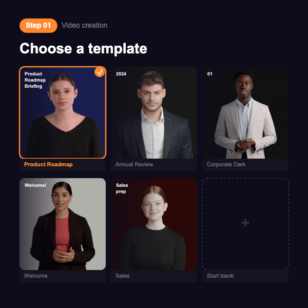 Template gallery in D-ID Studio's AI video generator, with ready-made video layouts and a start-blank option