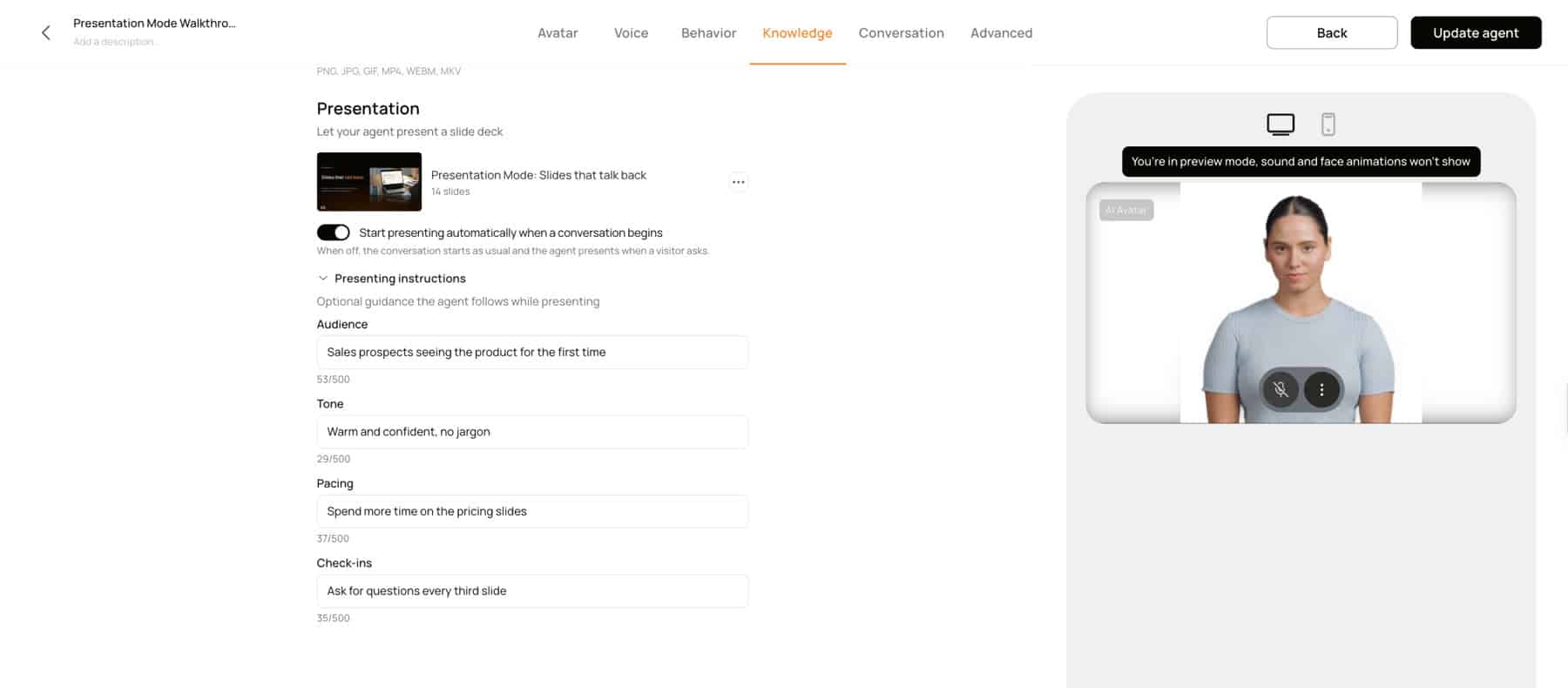 D-ID Studio Knowledge tab with the Presentation section: the attached deck, the auto-start toggle, and presenting instructions for audience, tone, pacing and check-ins.
