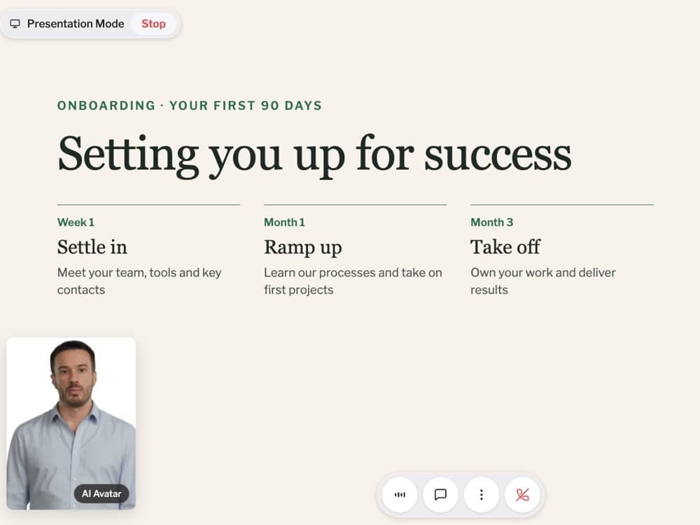 An onboarding slide titled Setting you up for success, presented in Presentation Mode by an AI Avatar shown in the lower left corner.