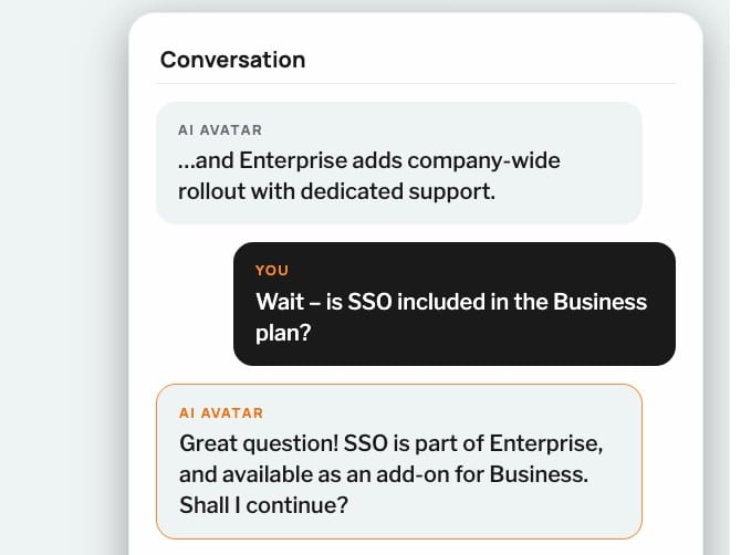 Conversation panel in Presentation Mode: a viewer interrupts with a question and the AI Avatar answers before asking whether to continue.