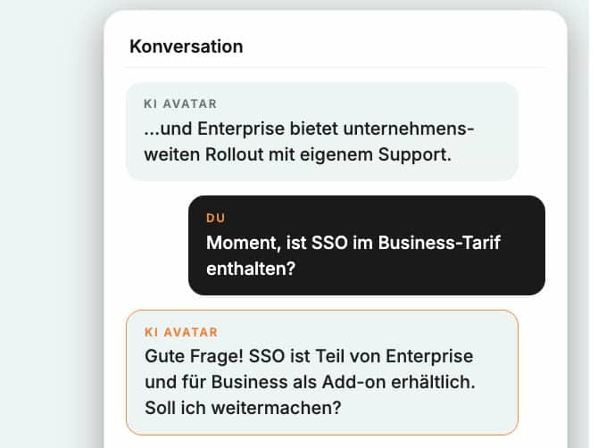 Gesprächsfenster: Der Zuschauer fragt, ob SSO im Business-Tarif enthalten ist, der KI-Avatar antwortet und fragt, ob er weitermachen soll.