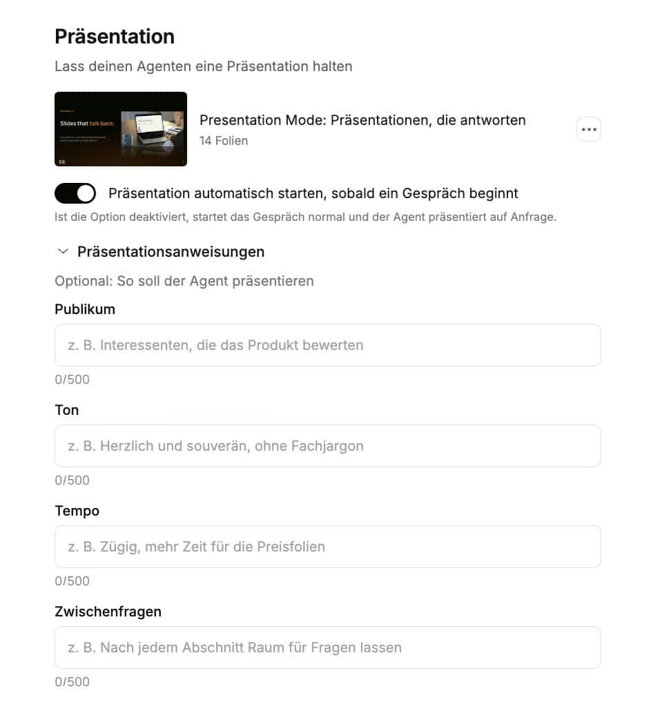 Der Bereich Präsentation in D-ID Studio: das hinterlegte Deck, der Schalter für den automatischen Start und die Präsentationsanweisungen zu Publikum, Ton, Tempo und Zwischenfragen.